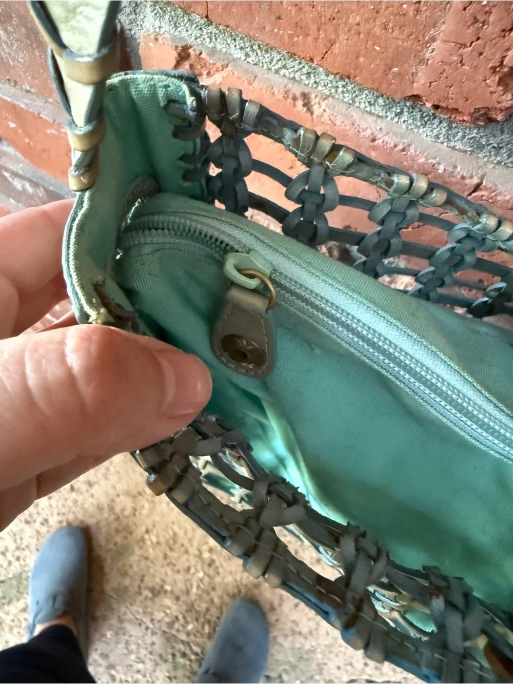 The Sak Woven Leather-Trim Shoulder Bag in Aqua and Cream
